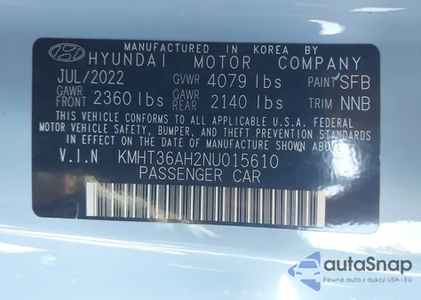 2022 Hyundai Veloster N z USA, uszkodzony, nr VIN KMHT36AH2NU015610